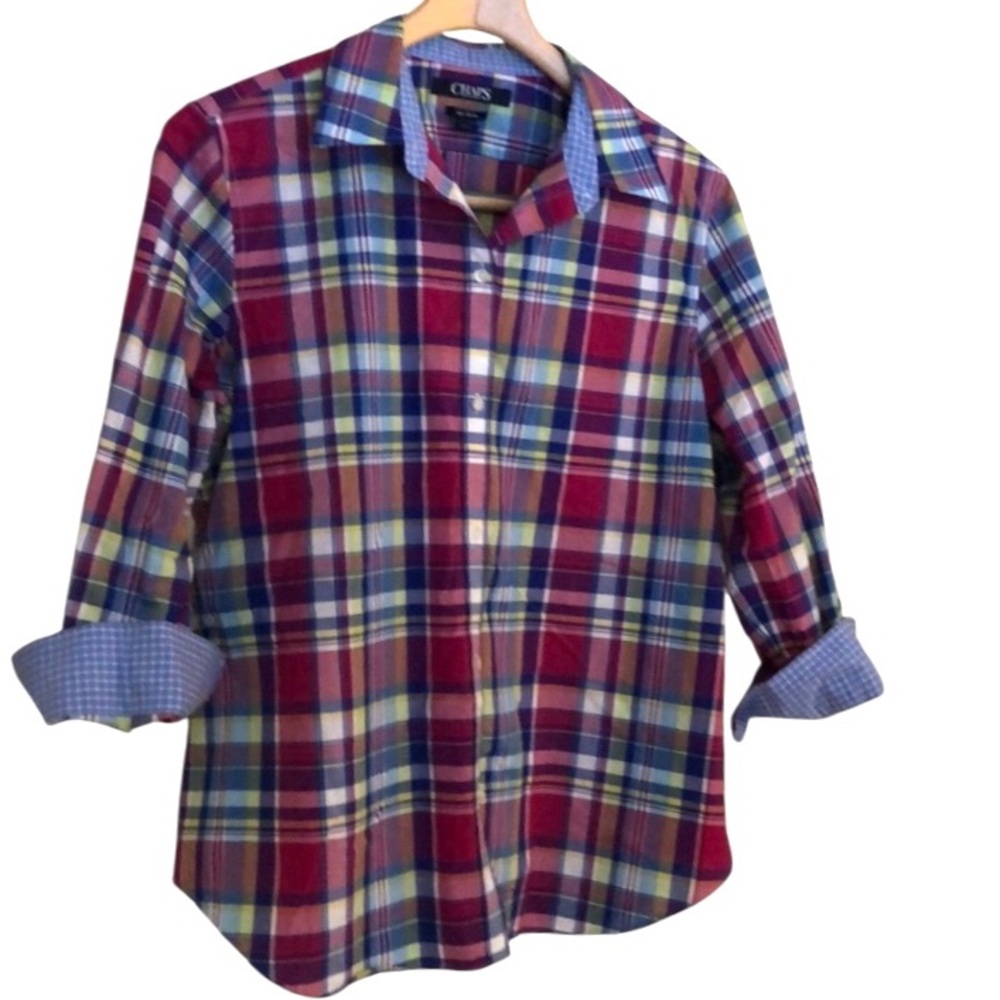 CHAPS blouse button up plaid contrasting cuff no iron preppy late summer